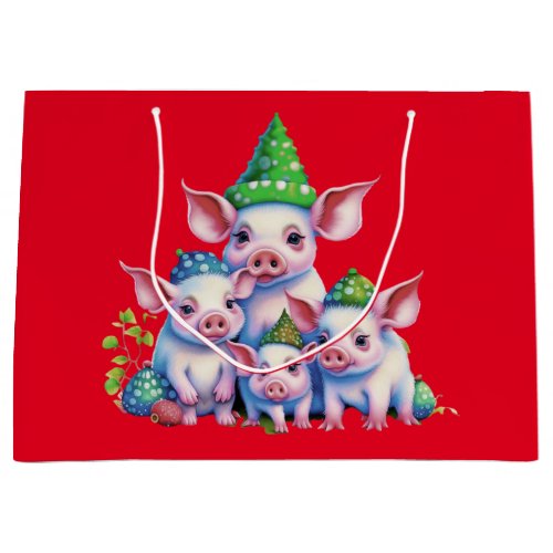 Adorable Cute Little Piggies Christmas Tree Red Large Gift Bag