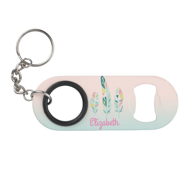 Adorable Cute  Modern Girly Feathers Keychain Bottle Opener (Front (Horizontal))