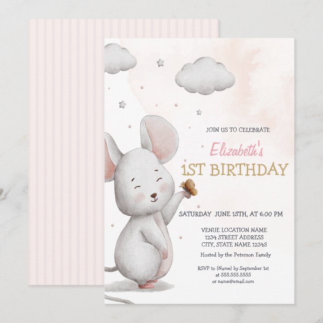 Adorable Cute Mouse Striped Birthday  Invitation (Front/Back)