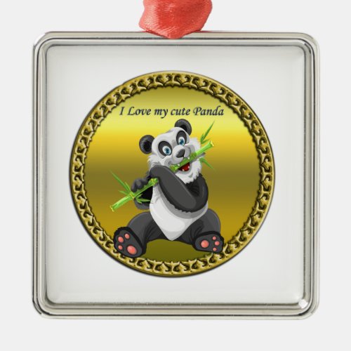 Adorable cute panda bear eating bamboo evergreen metal ornament