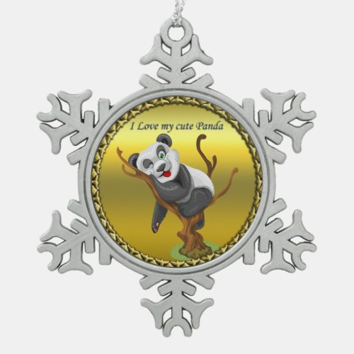 Adorable cute panda bear sleeping in a tree snowflake pewter christmas ornament