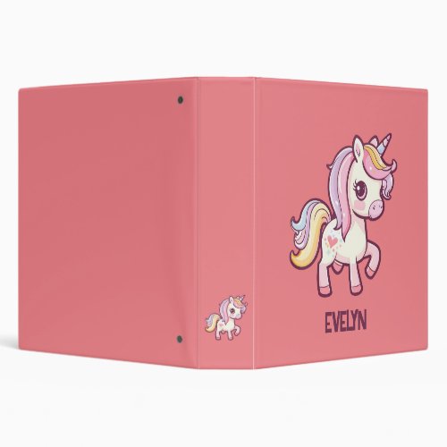 Adorable Cute Pastel Unicorn with Kids Name 3 Ring Binder