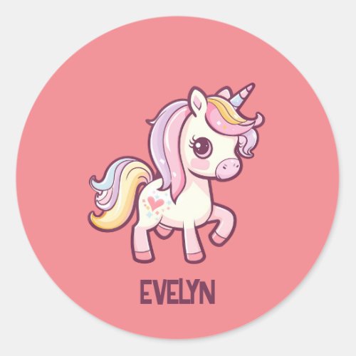 Adorable Cute Pastel Unicorn with Kids Name Classic Round Sticker
