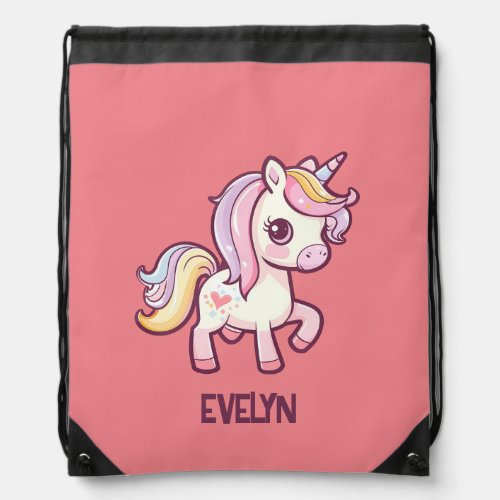 Adorable Cute Pastel Unicorn with Kids Name Drawstring Bag