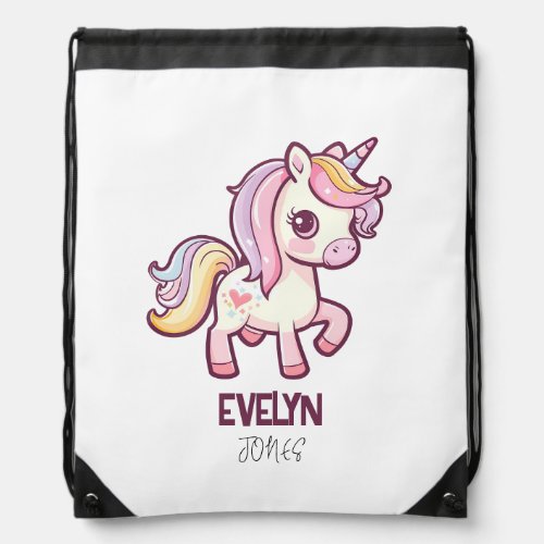 Adorable Cute Pastel Unicorn with Kids Name Drawstring Bag