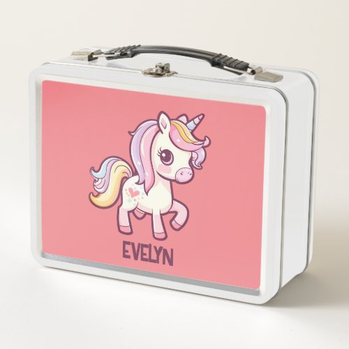 Adorable Cute Pastel Unicorn with Kids Name Metal Lunch Box