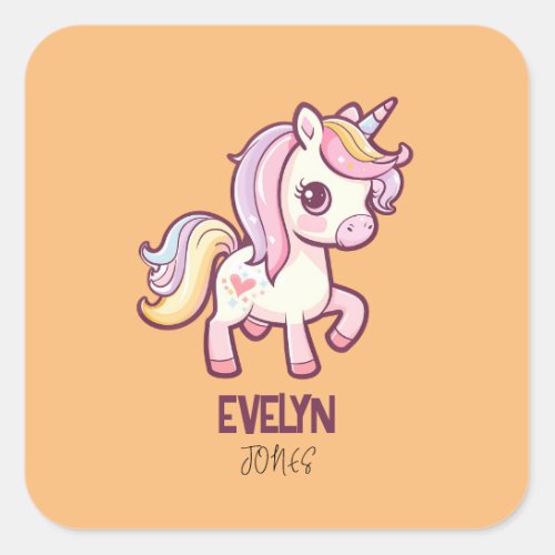 Adorable Cute Pastel Unicorn with Kids Name Square Sticker