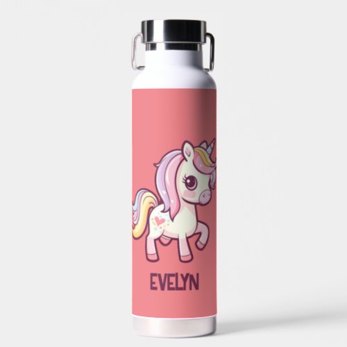 Adorable Cute Pastel Unicorn with Kids Name Water Bottle