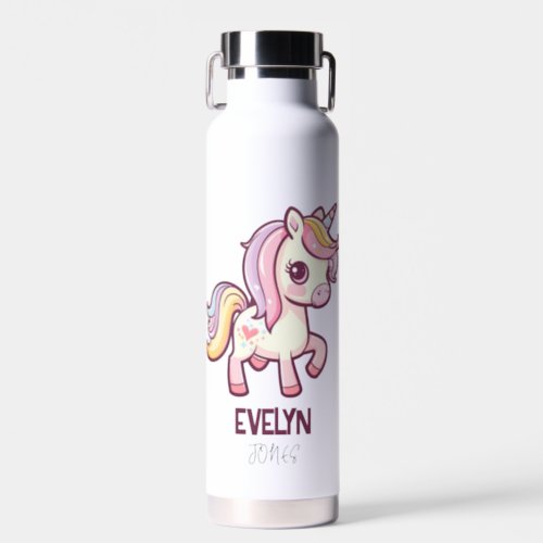 Adorable Cute Pastel Unicorn with Kids Name Water Bottle