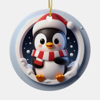 Adorable Cute Penguin Bursting Out Ceramic Ornament