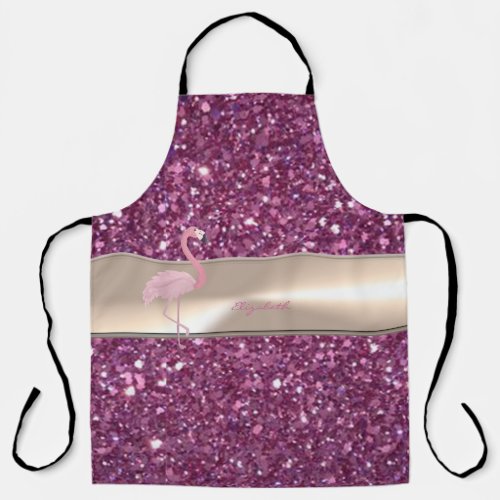 Adorable Cute Pink Flamingo  On Glittery Apron