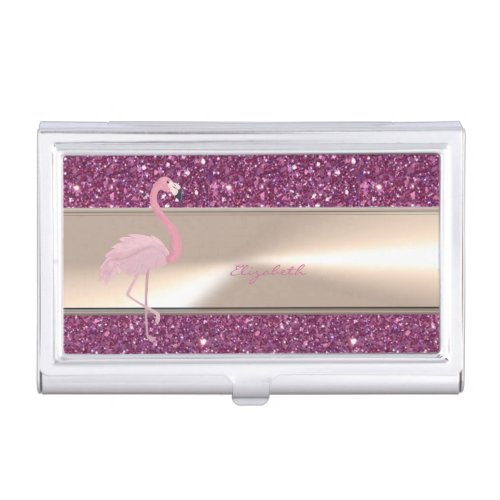 Adorable Cute Pink Flamingo  On Glittery Business Card Case