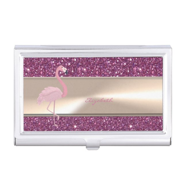 Adorable Cute Pink Flamingo  On Glittery Business Card Case (Front)