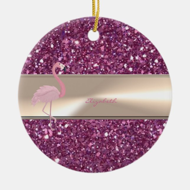 Adorable Cute Pink Flamingo  On Glittery Ceramic Ornament (Front)