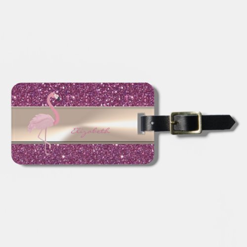 Adorable Cute Pink Flamingo  On Glittery Luggage Tag