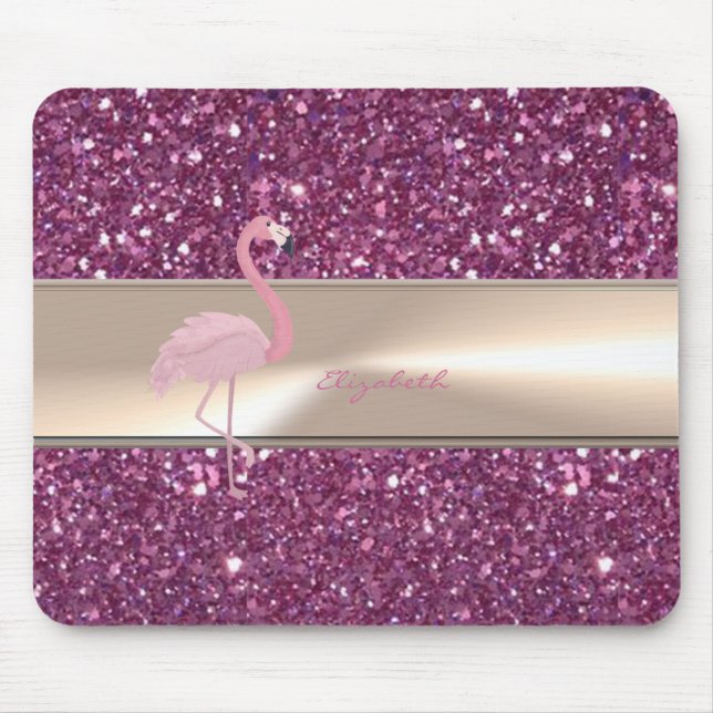 Adorable Cute Pink Flamingo  On Glittery Mouse Pad (Front)