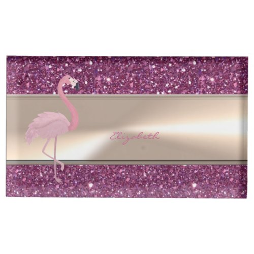 Adorable Cute Pink Flamingo  On Glittery Place Card Holder