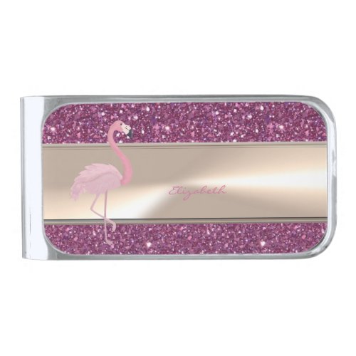 Adorable Cute Pink Flamingo  On Glittery Silver Finish Money Clip