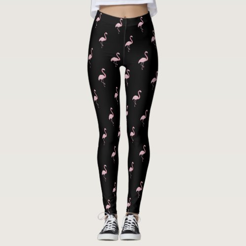 Adorable Cute Pink Flamingos Black Leggings