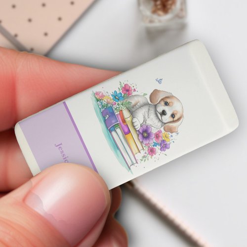 Adorable Cute Puppy Dog Books and Flowers Eraser