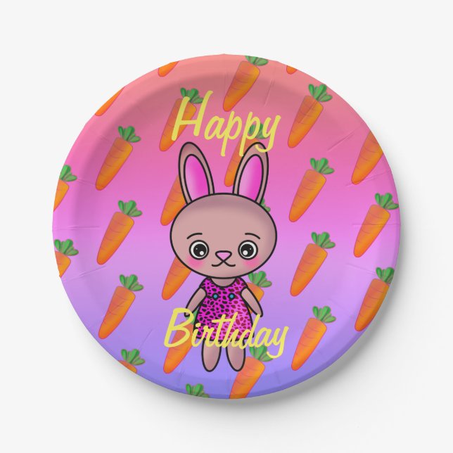 Adorable Cute Rabbit with Carrot Birthday Rainbow Paper Plates (Front)