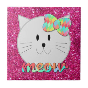 Adorable Cute Rainbow Bow Cat Meow Pink Glitter Ceramic Tile