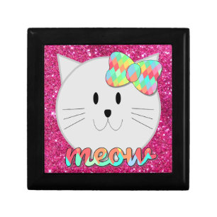Adorable Cute Rainbow Bow Cat Meow Pink Glitter Gift Box