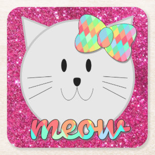 Adorable Cute Rainbow Bow Cat Meow Pink Glitter Square Paper Coaster