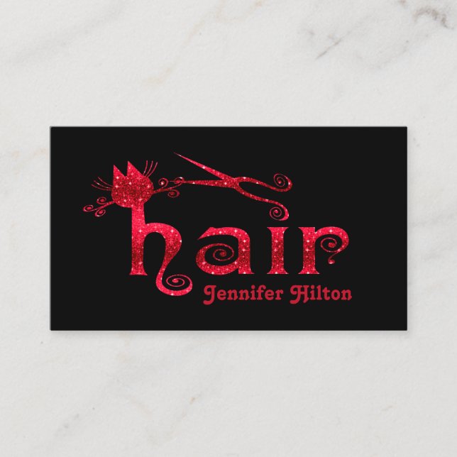 Adorable cute red glittery cat hair logo business card (Front)