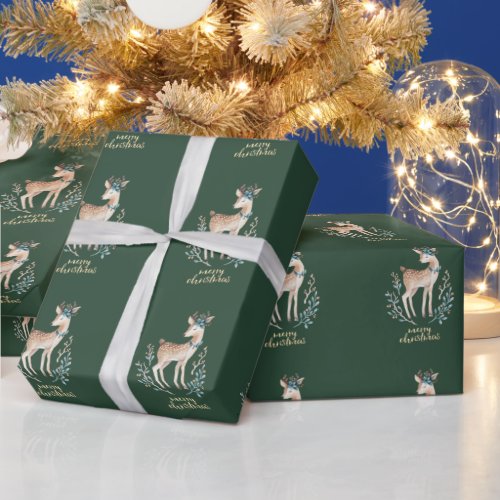 Adorable Cute Reindeer  Green Merry Christmas Wrapping Paper