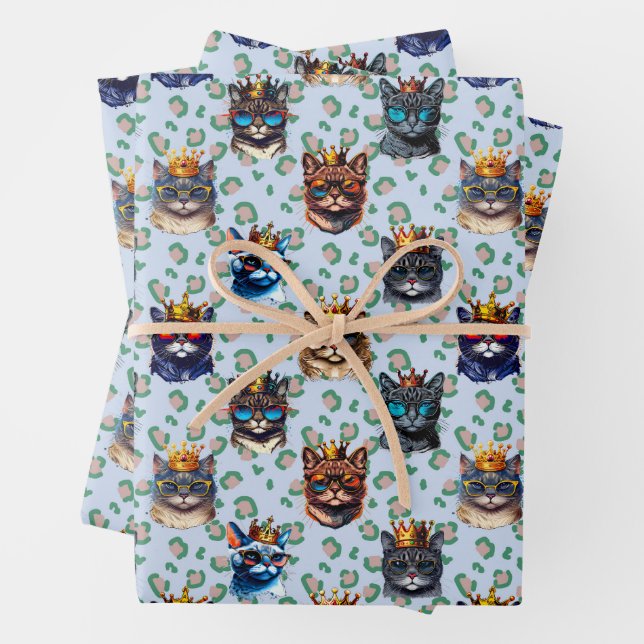 Adorable Cute Royal Cats Repeating Pattern Wrapping Paper Sheets (In situ)