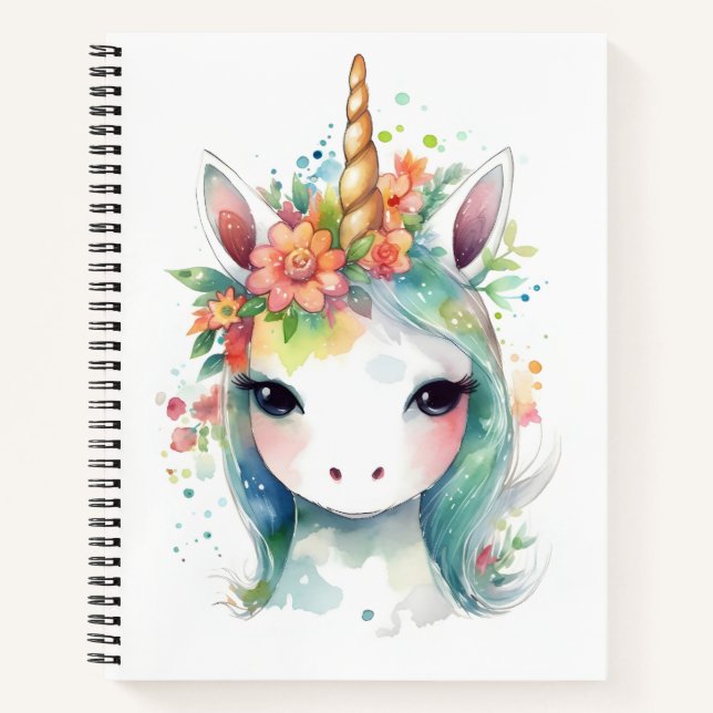 Adorable Cute Unicorn With Flowers Portrait  Notebook (Front)