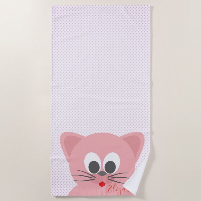 Adorable Cute  Whimsical Cartoon Cat -Personalized Beach Towel (Front)