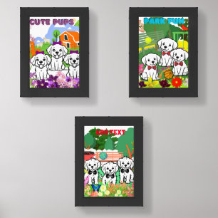 Adorable Cute White Puppies Floral Park Print Set