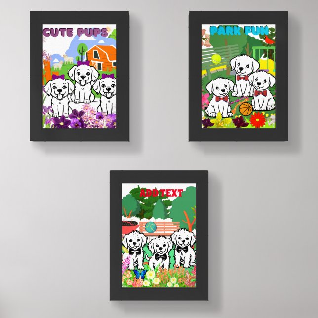 Adorable Cute White Puppies Floral Park Print Set (Front)
