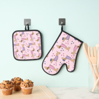 Adorable Dachshund & Hearts on Pink Oven Mitt & Pot Holder Set