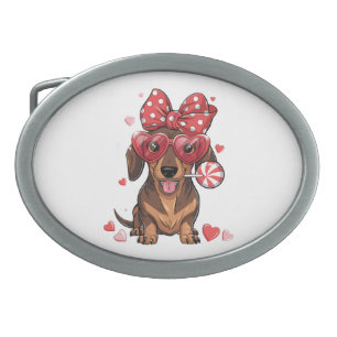 Adorable Dachshund In Heart Glasses And Polka Dot Belt Buckle