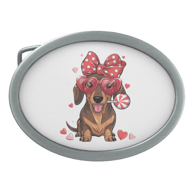 Adorable Dachshund In Heart Glasses And Polka Dot Belt Buckle (Front)