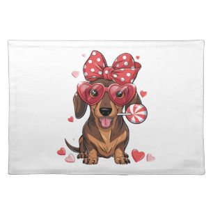 Adorable Dachshund In Heart Glasses And Polka Dot Cloth Placemat