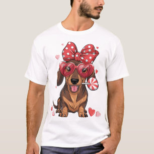 Adorable Dachshund In Heart Glasses And Polka Dot T-Shirt