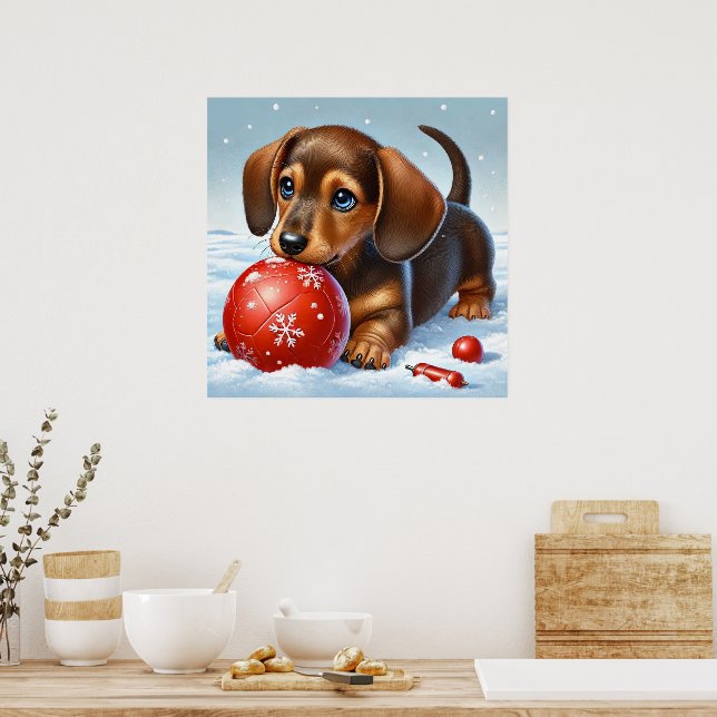 Adorable Dachshund Puppy Playing In The Snow Poster (Kitchen)