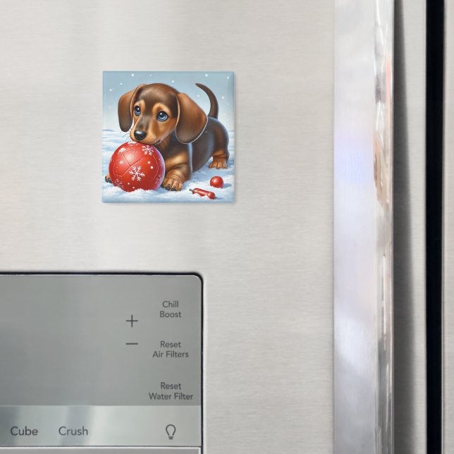 Adorable Dachshund Puppy Playing With Red Ball Magnet (In Situ (Fridge))