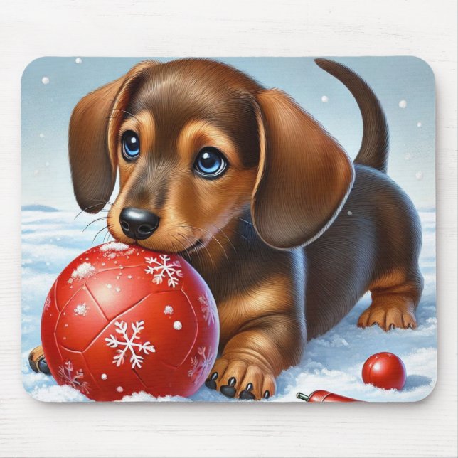 Adorable Dachshund Puppy Playing With Red Ball Mouse Pad (Front)