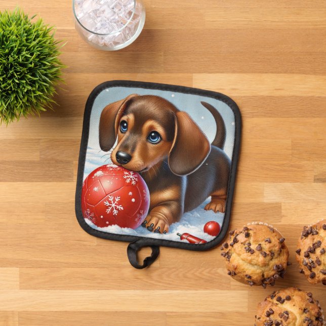 Adorable Dachshund Puppy Playing With Red Ball Pot Holder (Top Down)