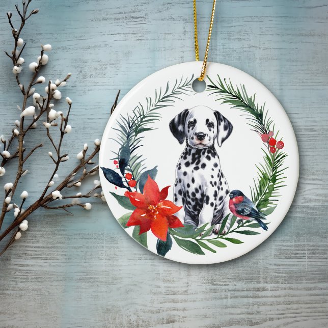 Adorable Dalmatian Puppy Watercolor Poinsettia Ceramic Ornament (Creator Uploaded)
