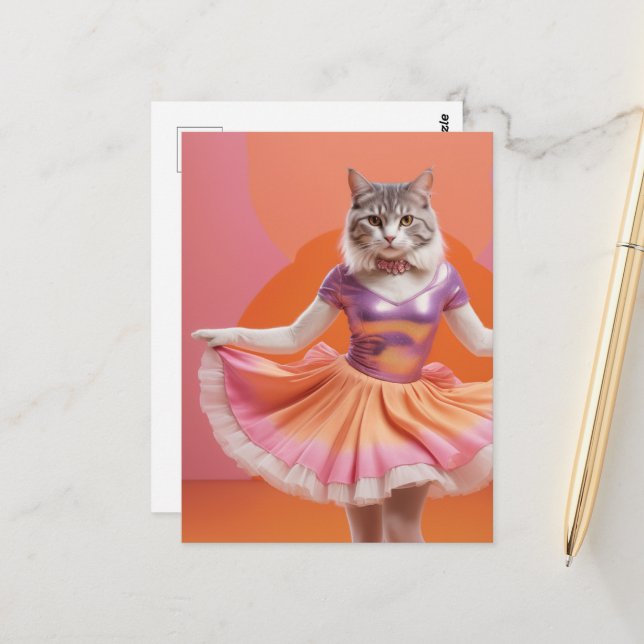 Adorable Dancing Cat in Pink Orange Postcard (Front/Back In Situ)