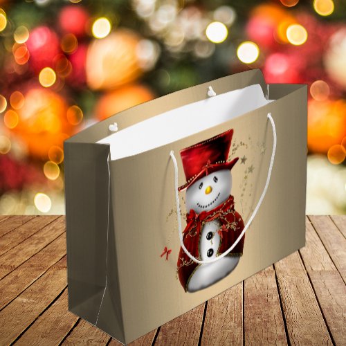 Adorable Dapper Snowman in Red Velvet Large Gift Bag