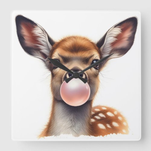 Adorable Deer Blowing Bubble Gum Nursery Square Wall Clock