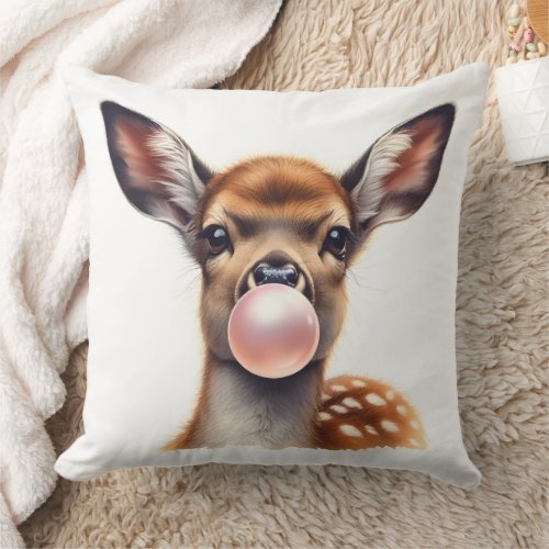Adorable Deer Blowing Bubble Gum Nursery Throw Pillow