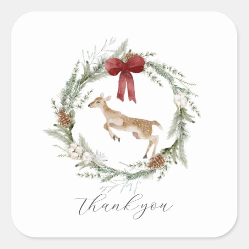 Adorable Deer Christmas Wreath Red Bow Thank You Square Sticker